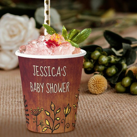 かわいい素朴金ゴールドフローラ名前をカスタムするベビーシャワー 紙コップ