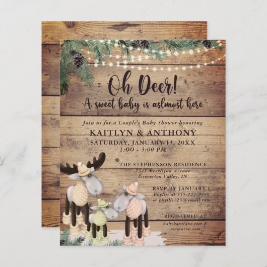 かわいい素朴鹿カップル赤ちゃんシャワー予算招待状 (正面/裏面)