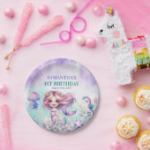 かわいい紫とティール（緑がかった色）人魚の夏の第1誕生日 ペーパープレート (パーティー)