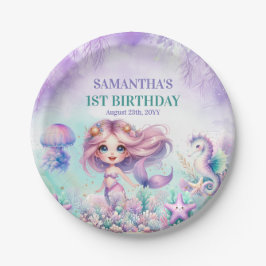 かわいい紫とティール（緑がかった色）人魚の夏の第1誕生日 ペーパープレート