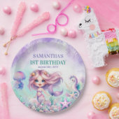 かわいい紫とティール（緑がかった色）人魚の夏の第1誕生日 ペーパープレート (パーティー)