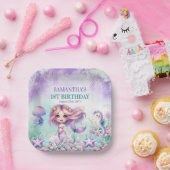 かわいい紫とティール（緑がかった色）人魚の夏の第1誕生日 ペーパープレート (パーティー)