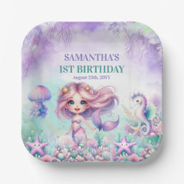 かわいい紫とティール（緑がかった色）人魚の夏の第1誕生日 ペーパープレート