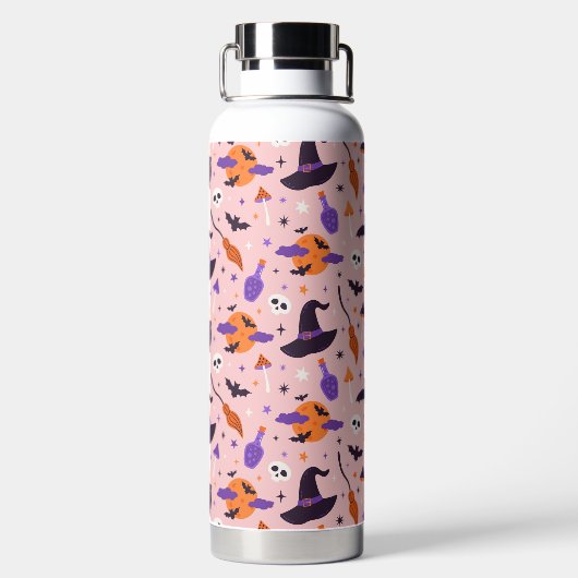 かわいい紫とピンクのハロウィンパターン ウォーターボトル (背面)
