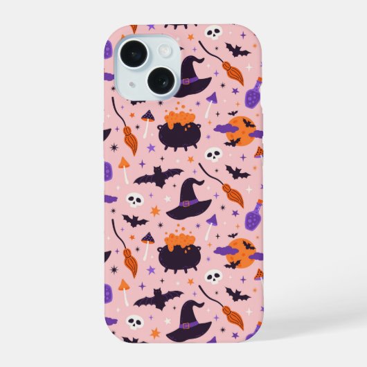 かわいい紫とピンクのハロウィンパターン iPhone 15ケース (裏面)