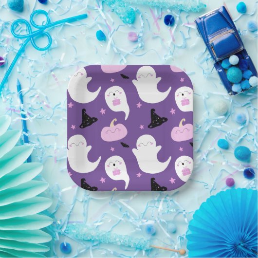 かわいい紫とピンクのハロウィーン誕生日 ペーパープレート (パーティー)