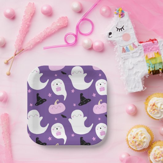 かわいい紫とピンクのハロウィーン誕生日 ペーパープレート (パーティー)