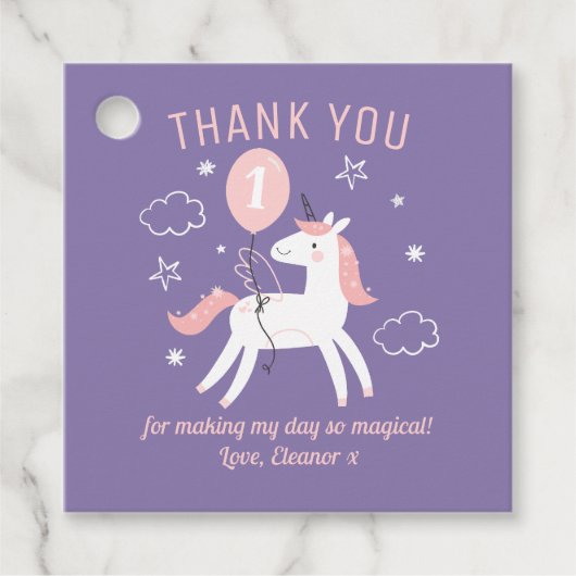 かわいい紫とピンクのユニコーン誕生日ありがとう フェイバータグ (正面)
