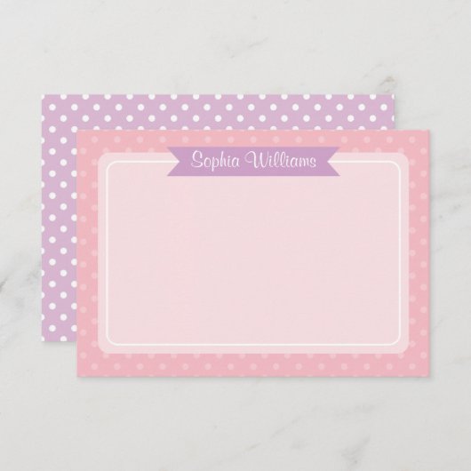 かわいい紫とピンクの水玉模様の名前入りカード ノートカード (正面/裏面)