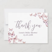 かわいい紫とピンクの蝶の赤ちゃんシャワーフラット サンキューカード (正面)