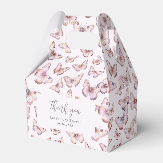 かわいい紫とピンクの蝶の赤ちゃんシャワー切り妻 フェイバーボックス (正面サイド)