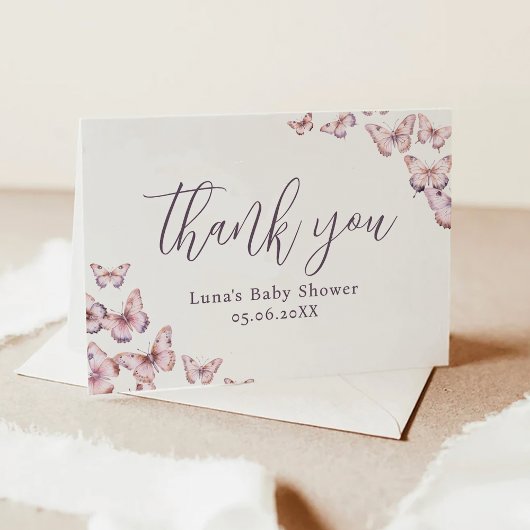 かわいい紫とピンクの蝶の赤ちゃんシャワー折り畳み サンキューカード