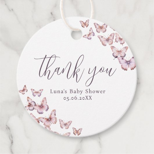 かわいい紫とピンクの蝶の赤ちゃんシャワー フェイバータグ (正面)