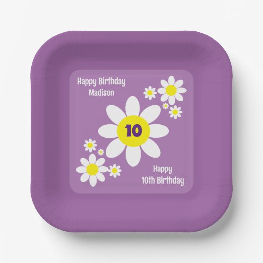 かわいい紫と白のデイジーフローライニシャル ペーパープレート (正面)