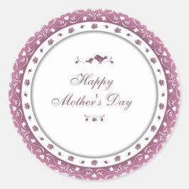 かわいい紫と白のハートと花の母の日 ラウンドシール