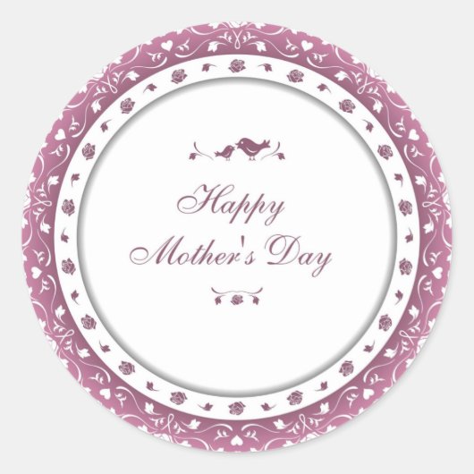 かわいい紫と白のハートと花の母の日 ラウンドシール (正面)