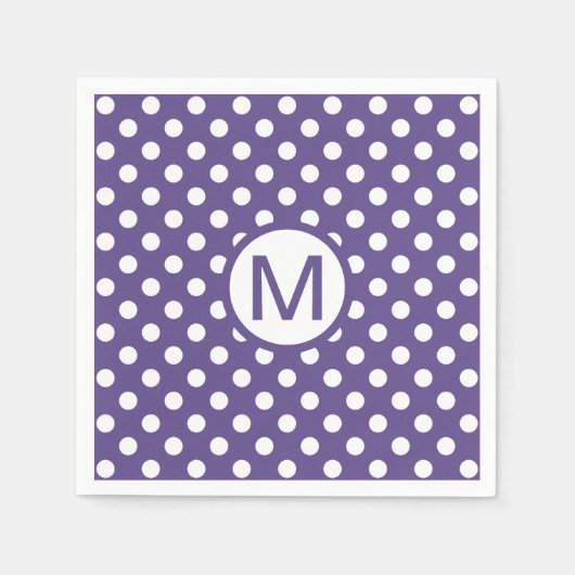かわいい紫と白の水玉模様モノグラムパーティー スタンダードカクテルナプキン (正面)