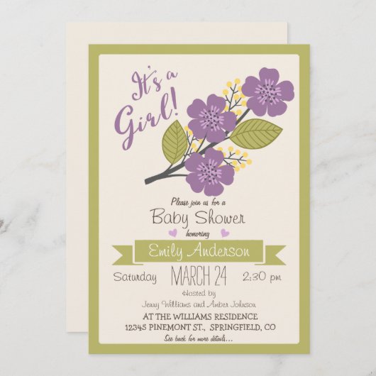 かわいい紫と緑の赤ちゃんシャワー招待状 招待状 (正面/裏面)