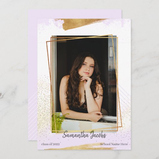 かわいい紫と金ゴールド額卒業発表 招待状 (正面/裏面)