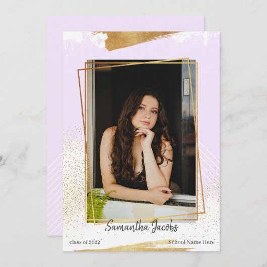 かわいい紫と金ゴールド額卒業発表 招待状 (正面/裏面)