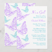 かわいい紫と青の蝶の女の子のベビーシャワー 招待状 (正面/裏面)