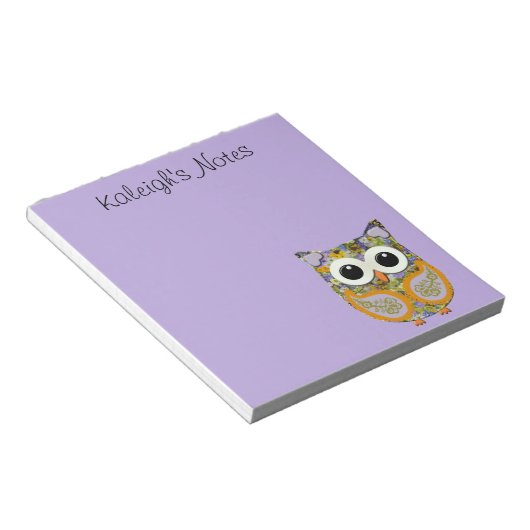 かわいい紫と黄色のフローラフクロウメモ帳 ノートパッド (アングル)