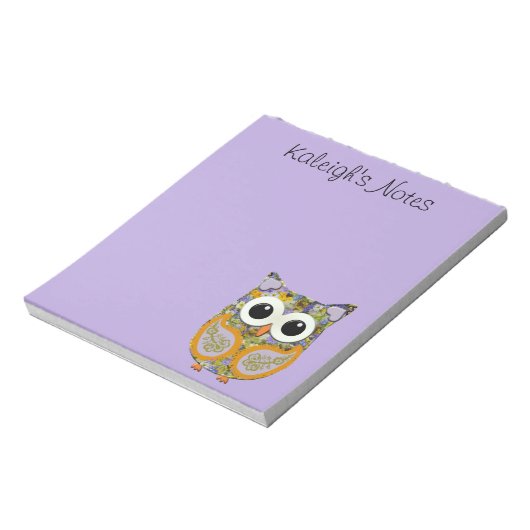 かわいい紫と黄色のフローラフクロウメモ帳 ノートパッド (回転)