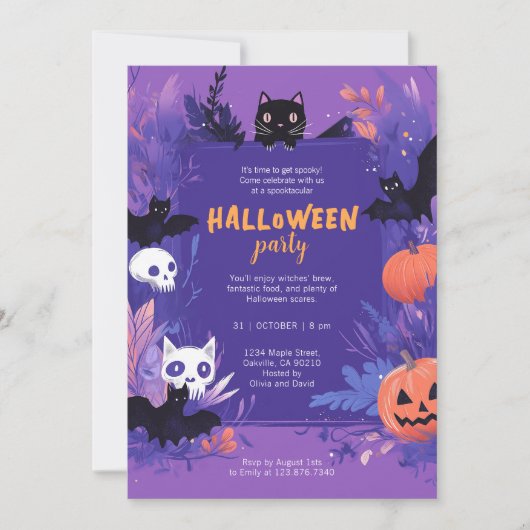かわいい紫のこうもりと猫のハローウィンパーティ 招待状 (正面)