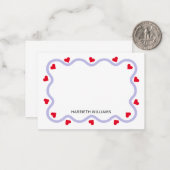 かわいい紫のウェーブボーダーと赤いハート ノートカード (正面/裏面インサイチュ)