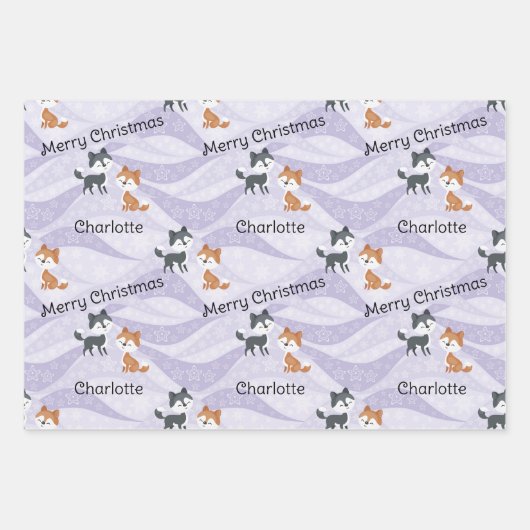 かわいい紫のキツネクマ追加の名前クリスマスクワイイ ラッピングペーパーシート (正面2)