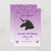 かわいい紫のキラキラ花ユニコーン 招待状 (正面/裏面)