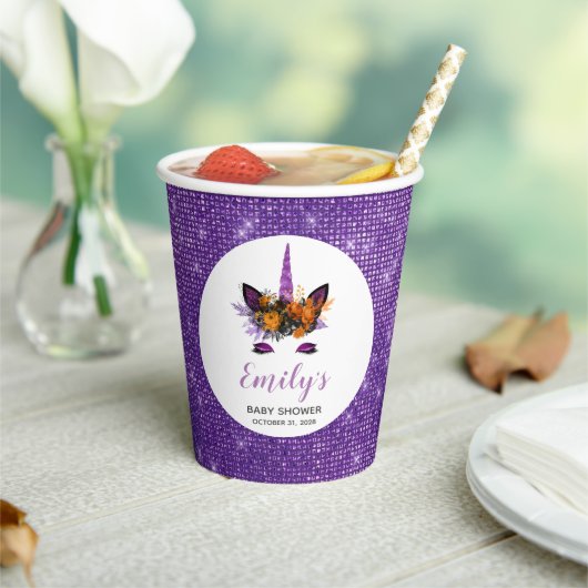 かわいい紫のグリッターユニコーンガールズ秋ベビーシャワー 紙コップ (インサイチュ)