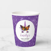 かわいい紫のグリッターユニコーンガールズ秋ベビーシャワー 紙コップ (正面)