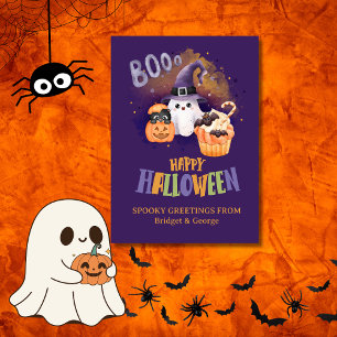 かわいい紫のゴースト&パンプキンのハロウィン挨 シーズンカード