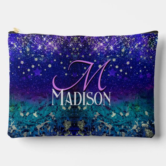 かわいい紫のターコイズグラデーショングリッターモノグラム アクセサリーポーチ (正面)