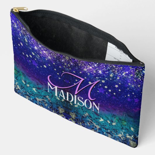 かわいい紫のターコイズグラデーショングリッターモノグラム アクセサリーポーチ (見開き)