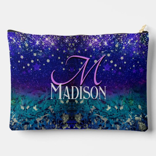 かわいい紫のターコイズグラデーショングリッターモノグラム アクセサリーポーチ (裏面)