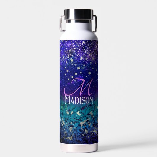 かわいい紫のターコイズグラデーショングリッターモノグラム ウォーターボトル (正面)