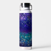 かわいい紫のターコイズグラデーショングリッターモノグラム ウォーターボトル (背面)