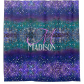 かわいい紫のターコイズグラデーショングリッターモノグラム シャワーカーテン (正面)