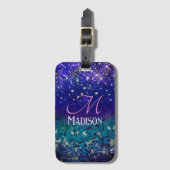 かわいい紫のターコイズグラデーショングリッターモノグラム ラゲッジタグ (正面縦)
