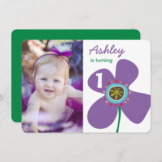 かわいい紫のデイジーポップ・アートのシックなフォトガール1st誕生日 招待状 (正面/裏面)