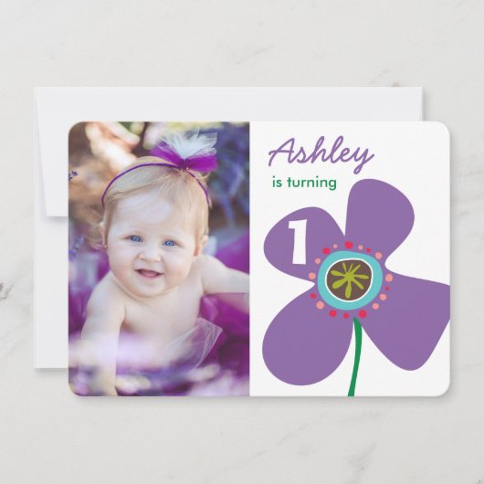 かわいい紫のデイジーポップ・アートのシックなフォトガール1st誕生日 招待状 (正面)
