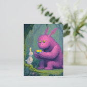 かわいい紫のドラゴンとイースターバニーの水色 ポストカード (スタンド正面)