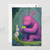 かわいい紫のドラゴンとイースターバニーの水色 ポストカード (正面/裏面)