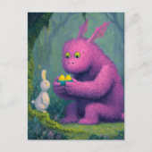 かわいい紫のドラゴンとイースターバニーの水色 ポストカード (正面)