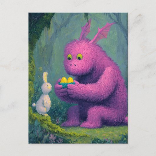 かわいい紫のドラゴンとイースターバニーの水色 ポストカード (正面)