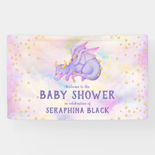かわいい紫のドラゴンベビーシャワーバナー 横断幕 (横)