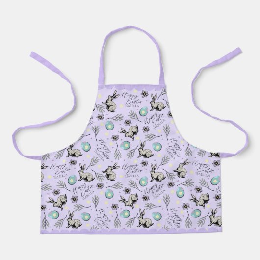 かわいい紫のハッピーイースターバニーと卵のパターン エプロン (正面)