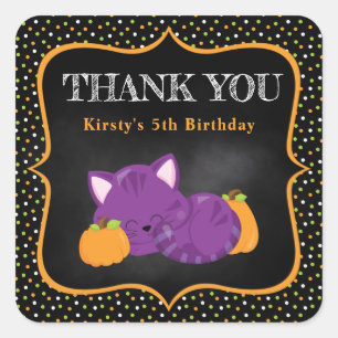 かわいい紫のハロウィン猫 & 水玉模様の誕生日 スクエアシール